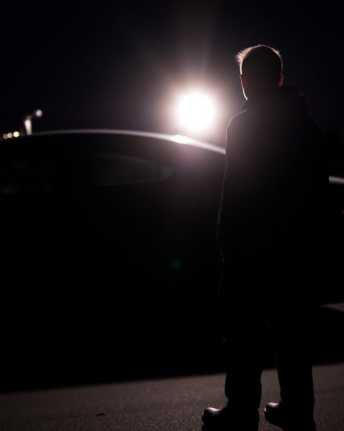 Silhouet van een fotograaf met camera naast een donkere auto bij nacht